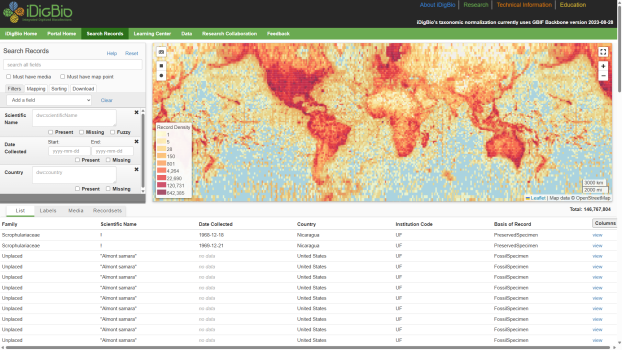 A map of the world with locations for all iDigBio specimens plotted. To the left of the map is a search box and below is a set of results showing information on the specimens.