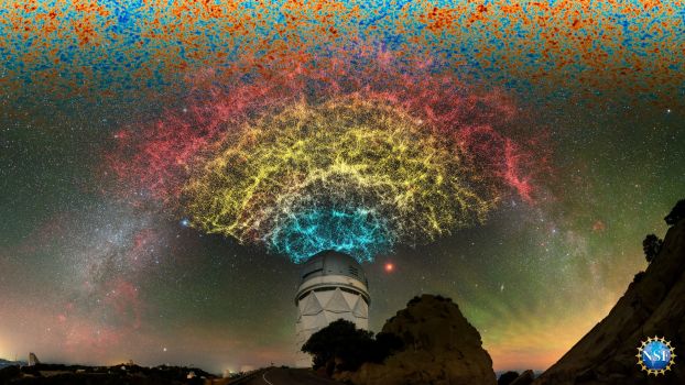 telescope building in the foreground with colors of the night sky illuminating blues, yellows and reds