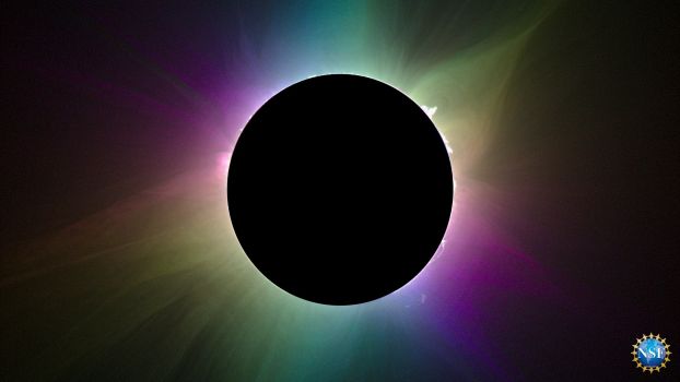 a black circle with a rainbow of colors around it