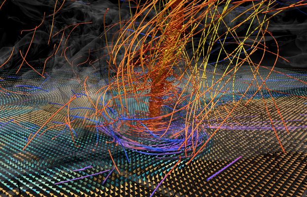 A swirl of orange, yellow, blue and purple lines representing airflow around a tornado.