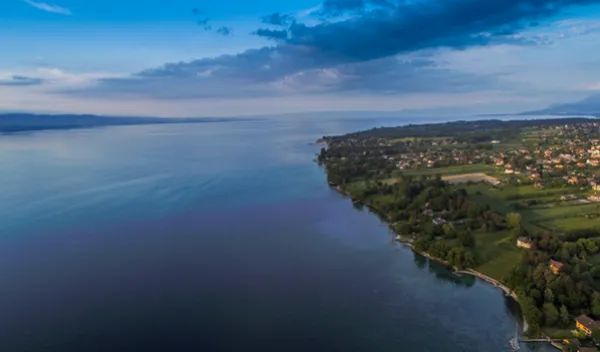 Aerial shot of Lake Geneva and coastline