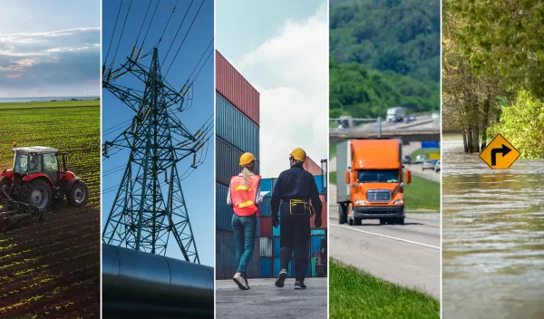 5 photos, left to right: a tractor in a field, power lines, two people in hard hats, a tractor trailer on a highway and a flooded road