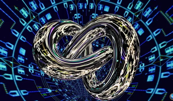 In this illustration, an object called a trefoil knot hovers amidst superconducting qubit chips.