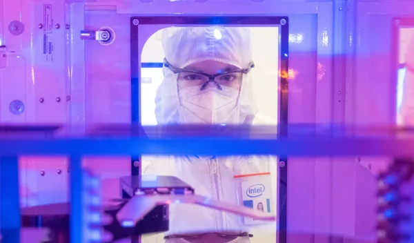 Intel employee in clean room wearing a "bunny suit" 
