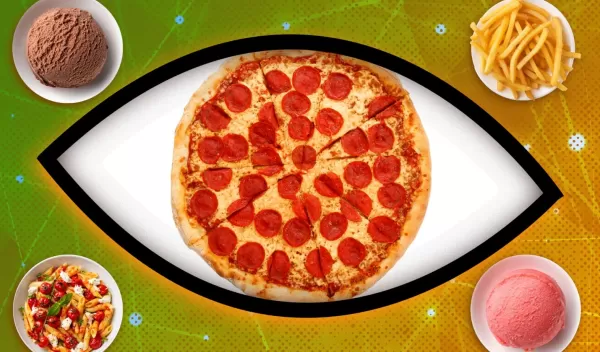 food collage with pizza, french fries, scoop of ice cream, and pasta