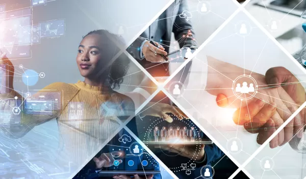 tech banner with people interacting with tablets and computer screens