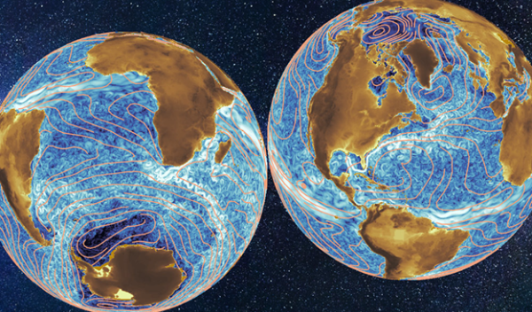 An illustration shows oceanic currents from satellite data overlaid with large-scale circulation currents (gold lines).