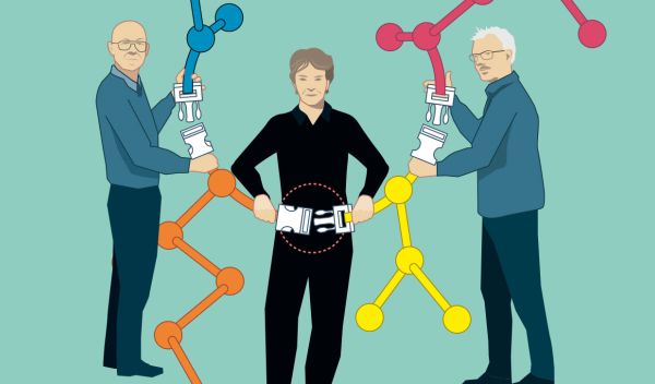illustration of people holding molecules that have buckles to connect them together