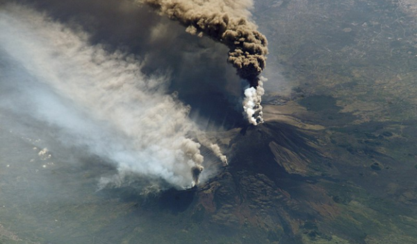 aerial view of erupting volcanoes
