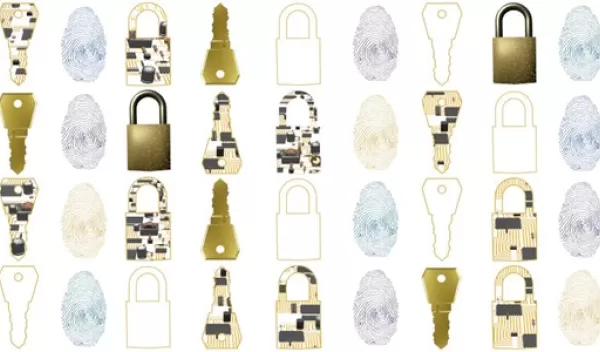 illustration of multiple keys in gold and fingerprints