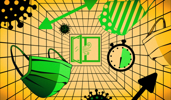 illustration with yellow background and black viruses floating along with an open door in the background blowing in breeze and a floating clock and masks