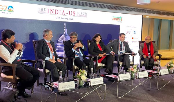Panelists sit together for the "Trustpolitik: Making partnerships go beyond interests" session at the India-U.S. Forum. Pictured left to right: Raul Mahan, Partner, Trilegal; Darshan Hiranandani, CEO of Hiranandani Group; Sethuraman Panchanathan, NSF Director; Nehaa Chaudhari, Partner, Ikigai Law; David Feith Adjunct Senior Fellow, Indo-Pacific Security Program; and moderator Tarun Das.