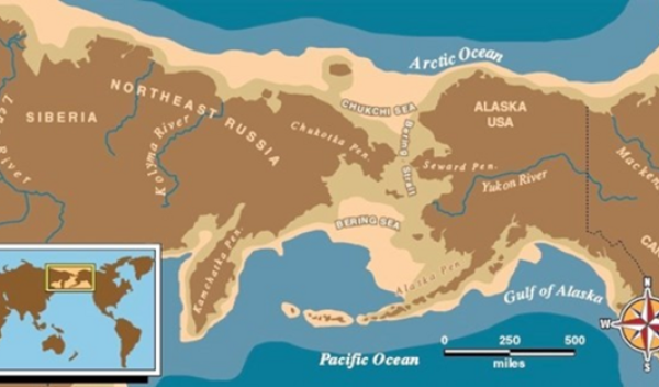An area known as Beringia once extended between Siberia and Alaska; it included the Bering Land Bridge.