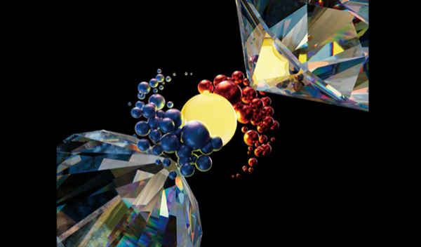 rendering of a boron arsenide crystal between two diamonds in a controlled chamber with thermal energy under extreme pressure