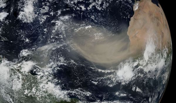 view from space of a dust storm over the Atlantic