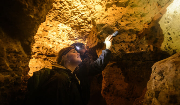 scientists studying the inside of a cave with flashlights