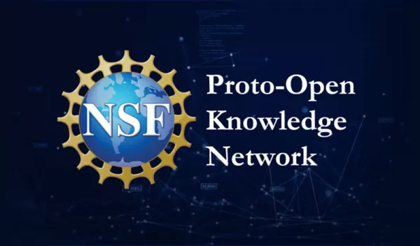 Proto-Open Knowledge Network news hero banner with blue background and the NSF logo