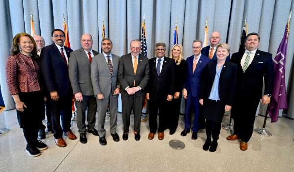 NSF director Sethuraman Panchanathan, Senator Charles E. Schumer, and representatives from Micron Technology, Inc.