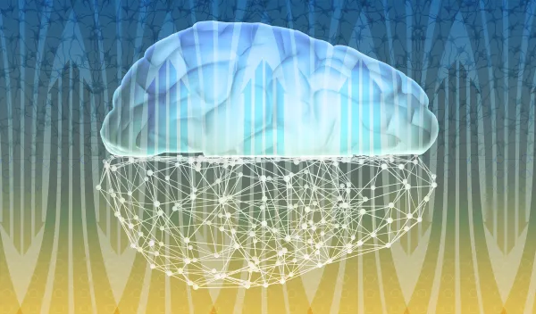 An illustration of a brain, where its bottom half is a series of interconnected dots.