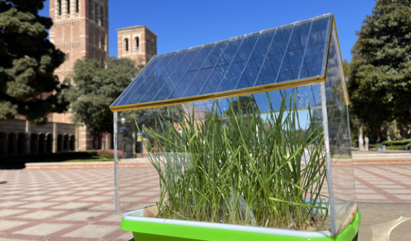 A miniature greenhouse prototype with its roof built of semi-transparent solar cells.