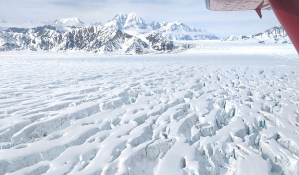 In southeast Alaska, Malaspina Glacier spills out onto the coastal plain as a pancake of ice.