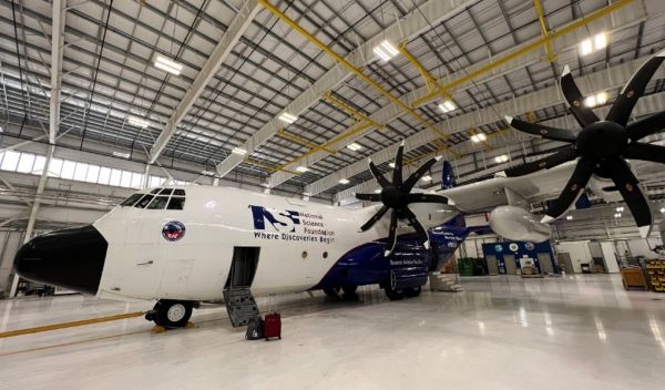 The NSF/NCAR C-130 sits in its hangar at the Research Aviation Facility in Broomfield, Colo.
