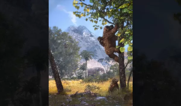 Artist's rendering of a woodland reconstruction with Morotopithecus bishopi climbing with an infant and juvenile.
