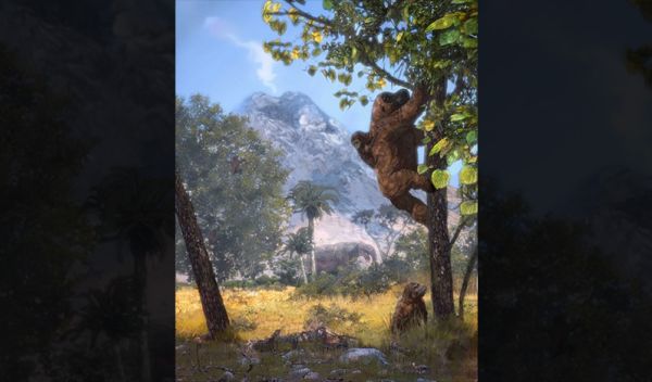Artist's rendering of a woodland reconstruction with Morotopithecus bishopi climbing with an infant and juvenile.