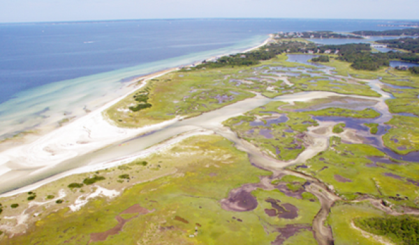 Aerial of the study site, Great Sippewissett Marsh in Massachusetts. Experimental plots are in the lower right corner.