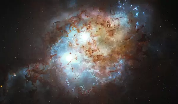 This artist's concept shows two quasars in the cores of two galaxies in the process of merging.