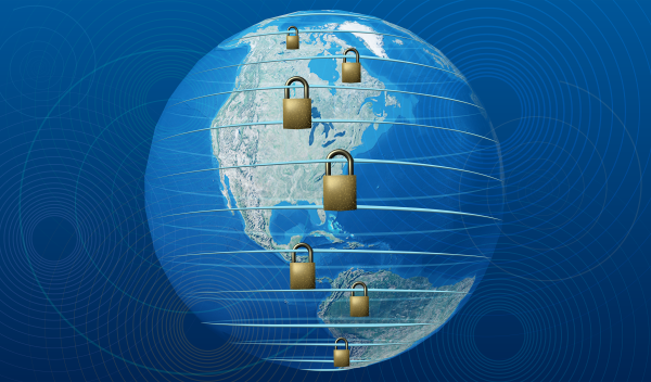 Illustration depicting a globe under several secure locks