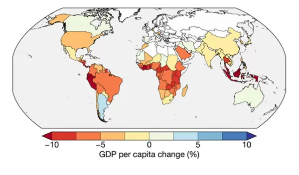 Percentage gains (blue) and losses (red) in gross domestic product caused by the 1997-98 El Niño.