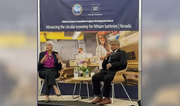 NSF Director Sethuraman Panchanathan with OSTP Director Arati Prabhakar at the University of Nevada, Reno.