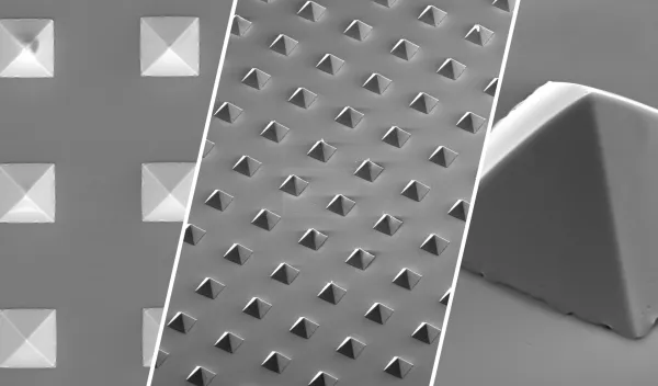 Three black and white images showing tiny pyramid shapes.