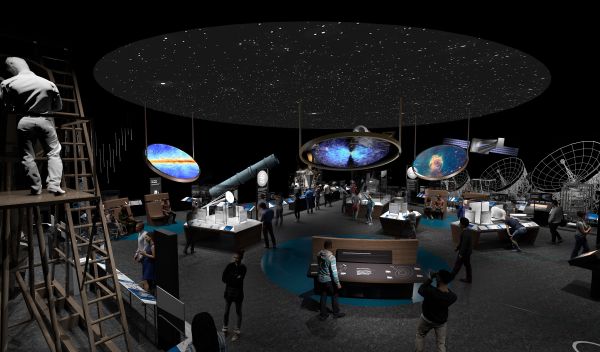 Artist's rendering depicts the new Discovering Our Universe Gallery featuring lenses at center to augment the starry sky and the Bruce Telescope at rear.