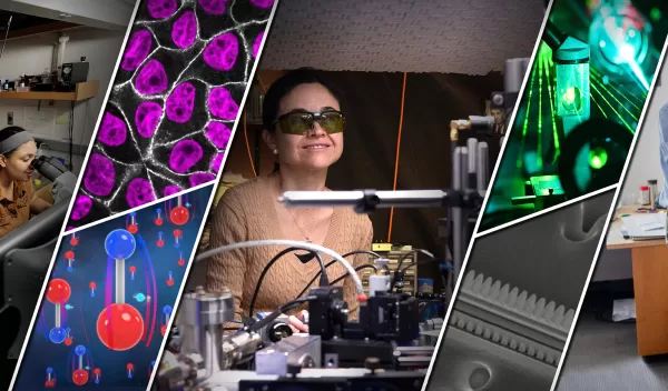 A collage of several images showing people in laboratories and their research.
