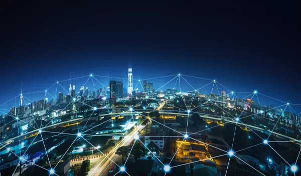 Rounded abstract cityscape network connection, internet and global connection concept.