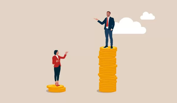 Entrepreneur standing on much more paid money coins, woman on less small income coin Gender pay gap, inequality between man and woman wage, salary or income, issue about gender diversification.
