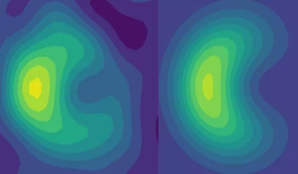 Experimental results from a quantum computer, left, that match well with theory, right.