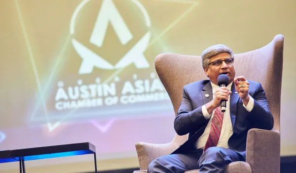 Dr. Sethuraman Panchanathan speaks during the "fireside chat" segment of the Greater Austin Asian Chamber of Commerce "Ovation" gala on November 4, 2023.