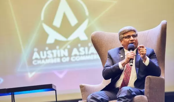 Dr. Sethuraman Panchanathan speaks during the "fireside chat" segment of the Greater Austin Asian Chamber of Commerce "Ovation" gala on November 4, 2023.