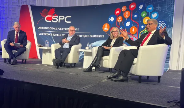 Moderator Chad Gaffield interviews (from left) Paul Wells, Leslie Church, and NSF Director Sethuraman Panchanathan at the 2023 Canadian Science Policy Conference.