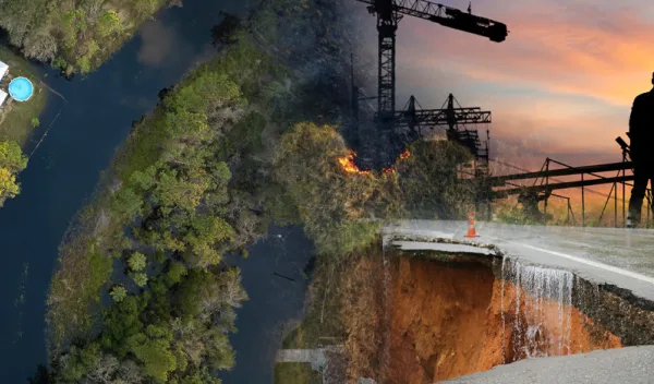 collage with an aerial view of a neighborhood and then silhouettes of construction workers