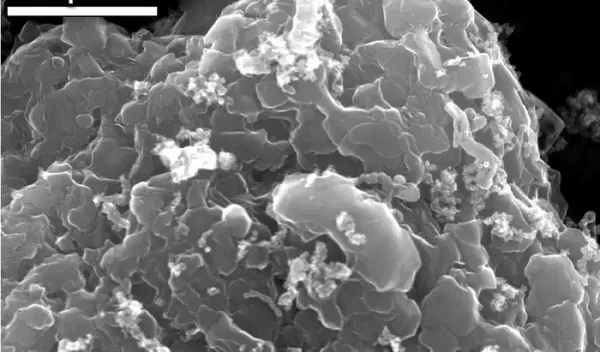 Scanning electron microscope image of layered stacks of nano-scale flash graphene sheets formed from waste plastic.