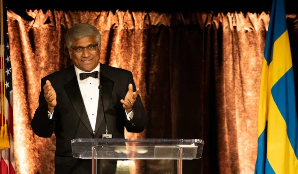 Dr. Panch gives a speech at the 2024 American Nobel Laureates gala dinner on November 13, 2024, at the House of Sweden in Washington, D.C.