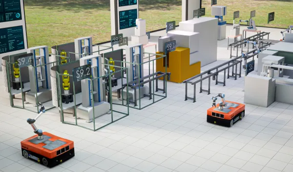 A 3D computer rendering of a laboratory with orange robots and equipment in rows.