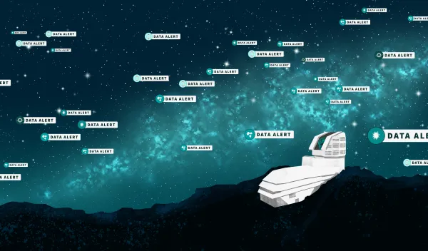 An illustration of Rubin Observatory with the Milky Way galaxy in the background and many "data alerts."