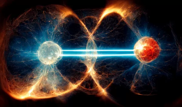 Two glowing spheres with bright lines connecting them.