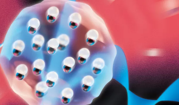 A colorful artist's illustration of several molecules contained in a small area.