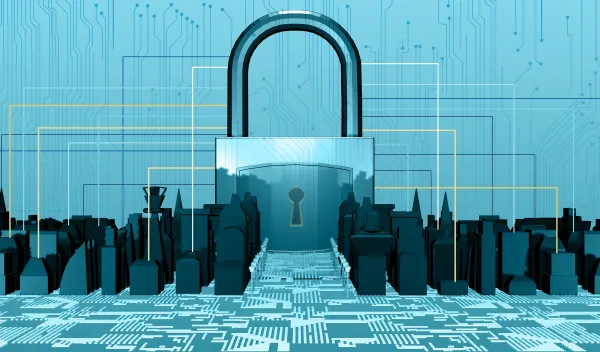Illustration depicting a city protected in cyberspace